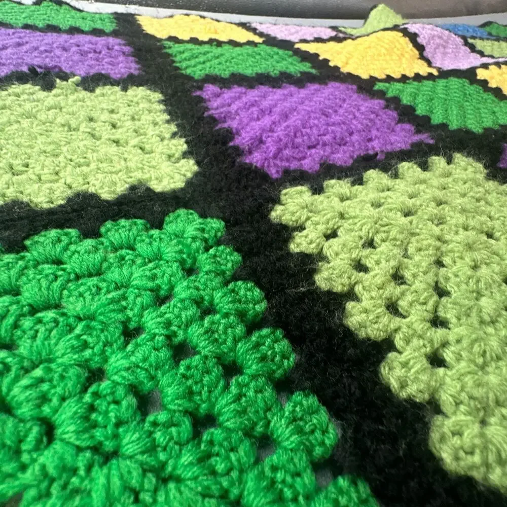 VTG Handmade Afghan Throw Blanket Roseanne Boho Fringe Black 73x35 OOAK Hippie